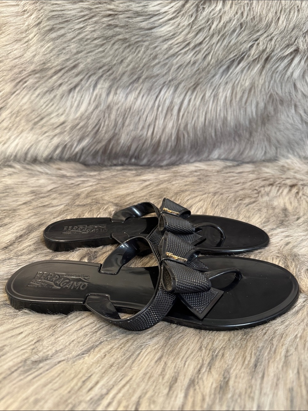 Salvatore Ferragamo Black Bow Jelly Slide Sandals Size 8